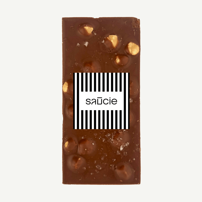 Premium milk chocolate hazelnut caramel crunch and sea salt block in clear packaging with product sticker – handmade in Geelong