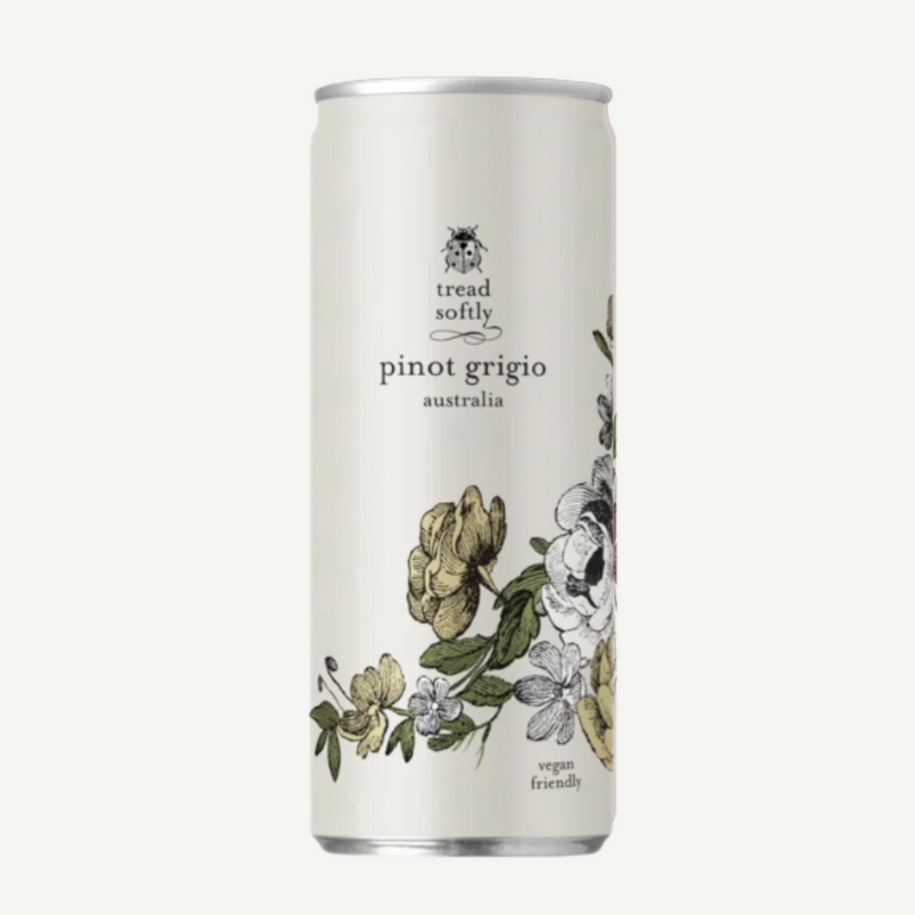Can of Tread Softly Pinot Grigio with floral design on a white background