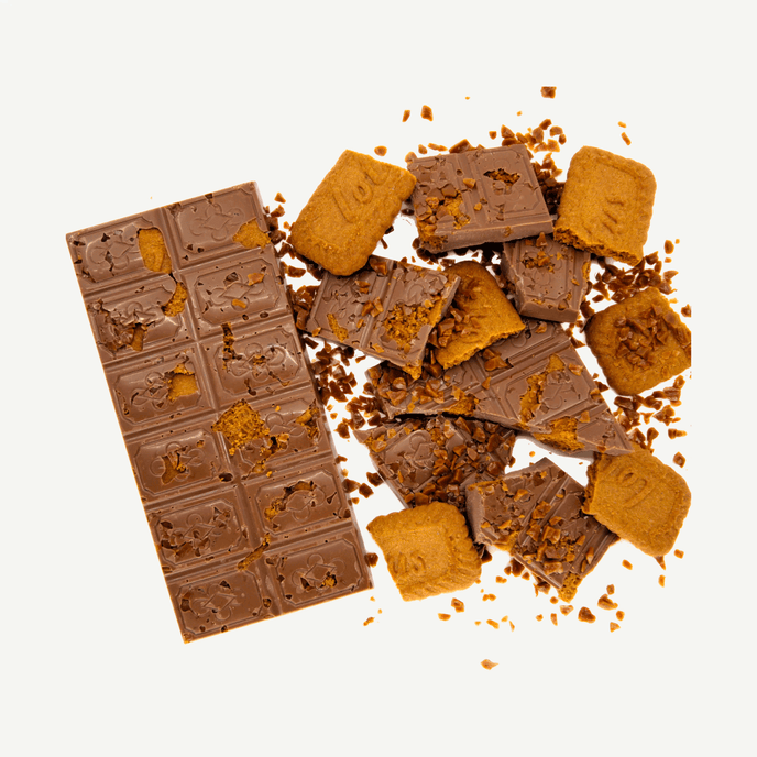 A decadent Belgian milk chocolate block loaded with Biscoff biscuit pieces and caramel crunch, sprinkled with sea salt.