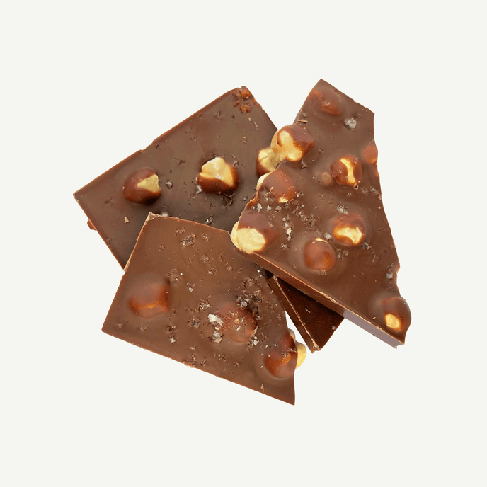 Premium milk chocolate block with roasted hazelnuts, caramel crunch and sea salt – handmade in Geelong