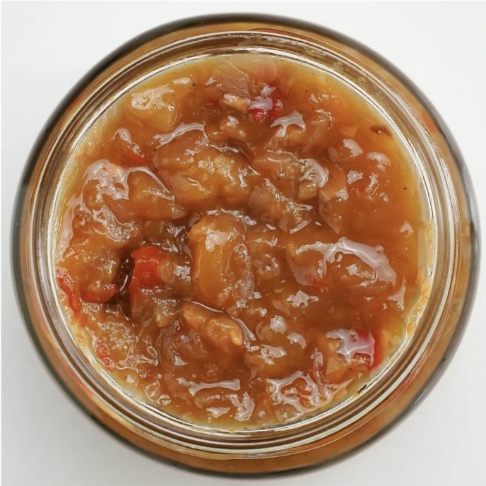 Mango chutney with chunks of mango, onion and spices – sweet, tangy and spicy condiment
