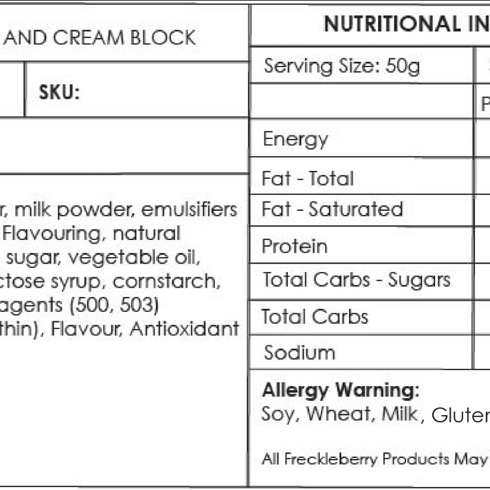 Premium white chocolate cookies and cream block in clear packaging with sticker label – handmade in Geelong