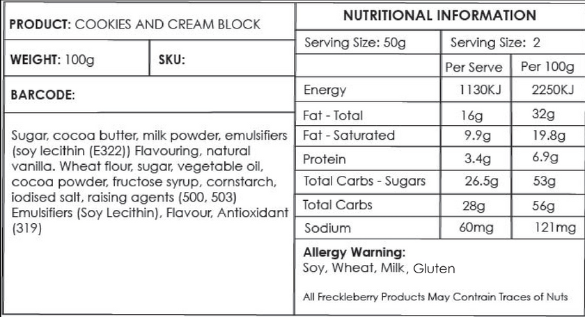 Premium white chocolate cookies and cream block in clear packaging with sticker label – handmade in Geelong