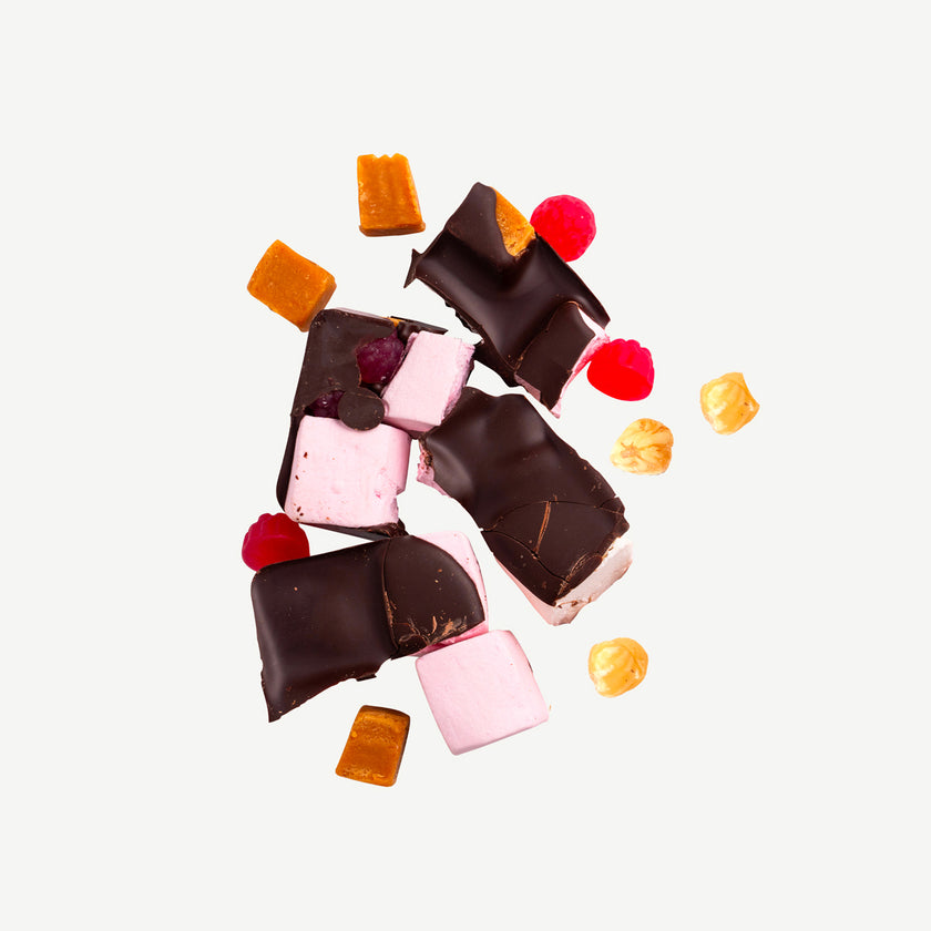 Premium dark chocolate rocky road with marshmallows, roasted cashews, caramel fudge and raspberry lollies – handmade in Geelong
