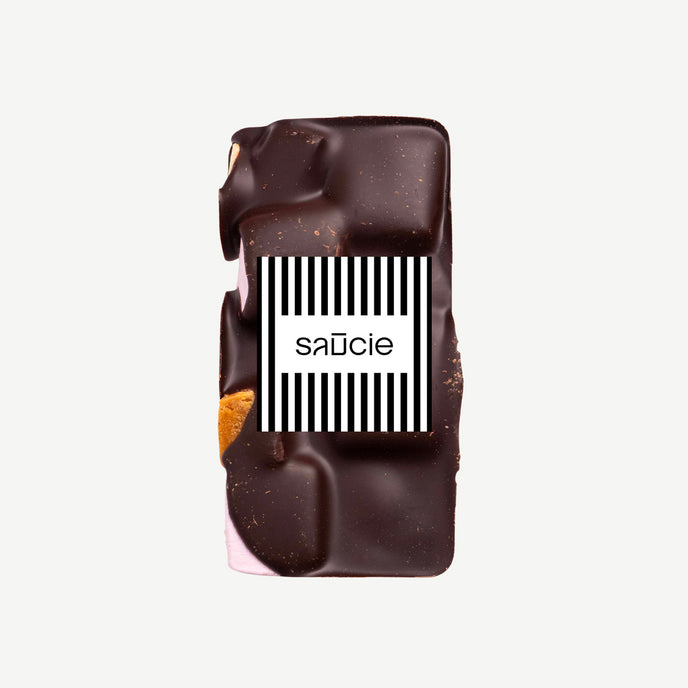 Premium dark chocolate rocky road in clear packaging with sticker label – handmade gift-ready chocolate from Saucie and Freckleberry