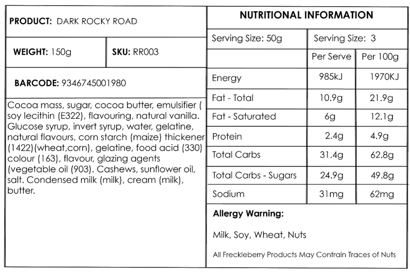 Dark chocolate rocky road with cashews, marshmallows and raspberry lollies displayed in a chocolate gift hamper