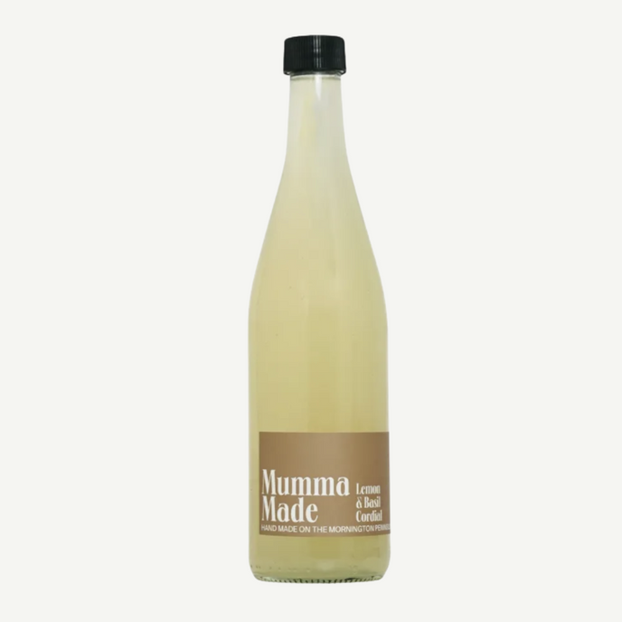 Mumma Made Lemon & Basil Cordial bottle – handmade cordial from Mornington Peninsula with zesty lemon and fresh basil flavour.