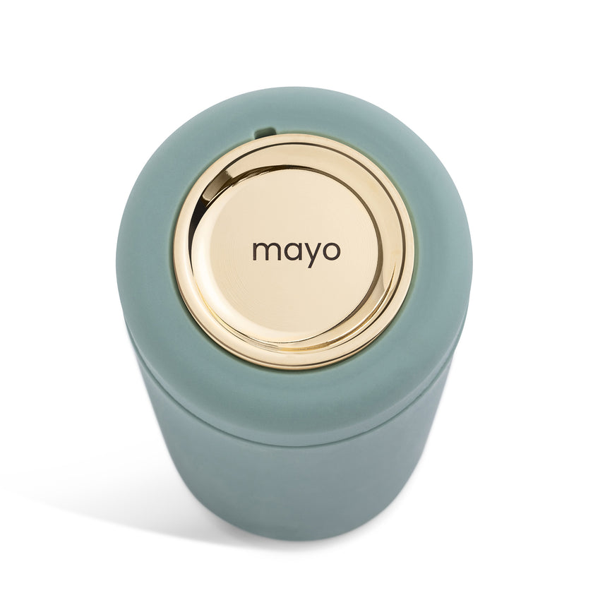 Elegant brushed gold Mayo Labelled Lid styled with sauces and condiments