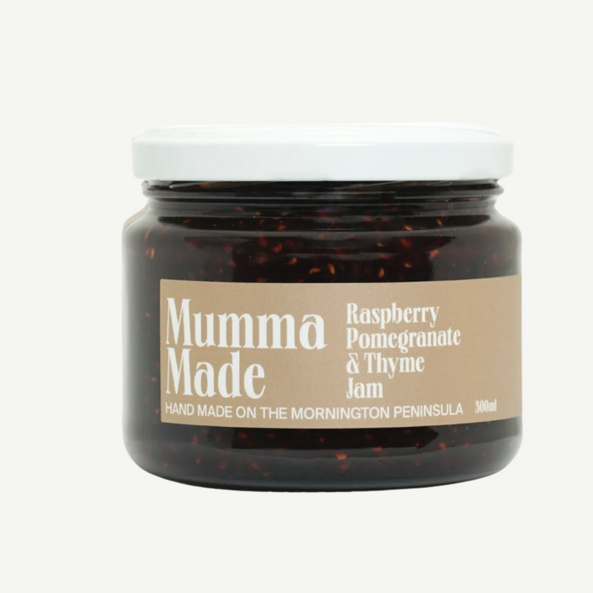 300ml jar of Mumma Made Raspberry, Pomegranate and Thyme Jam – sweet, tart and savoury flavour