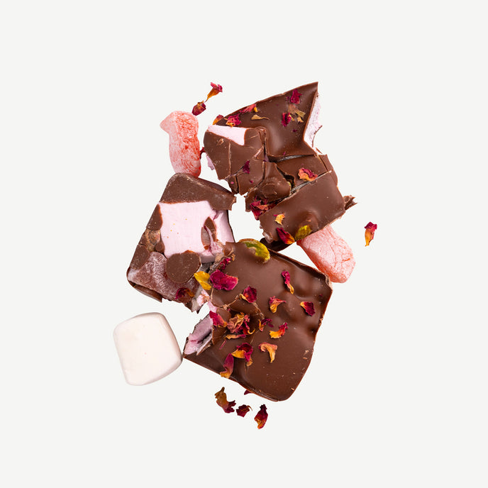 Premium milk chocolate rocky road with rose petal Turkish delight, marshmallows, pistachios and edible rose petals – handmade in Geelong
