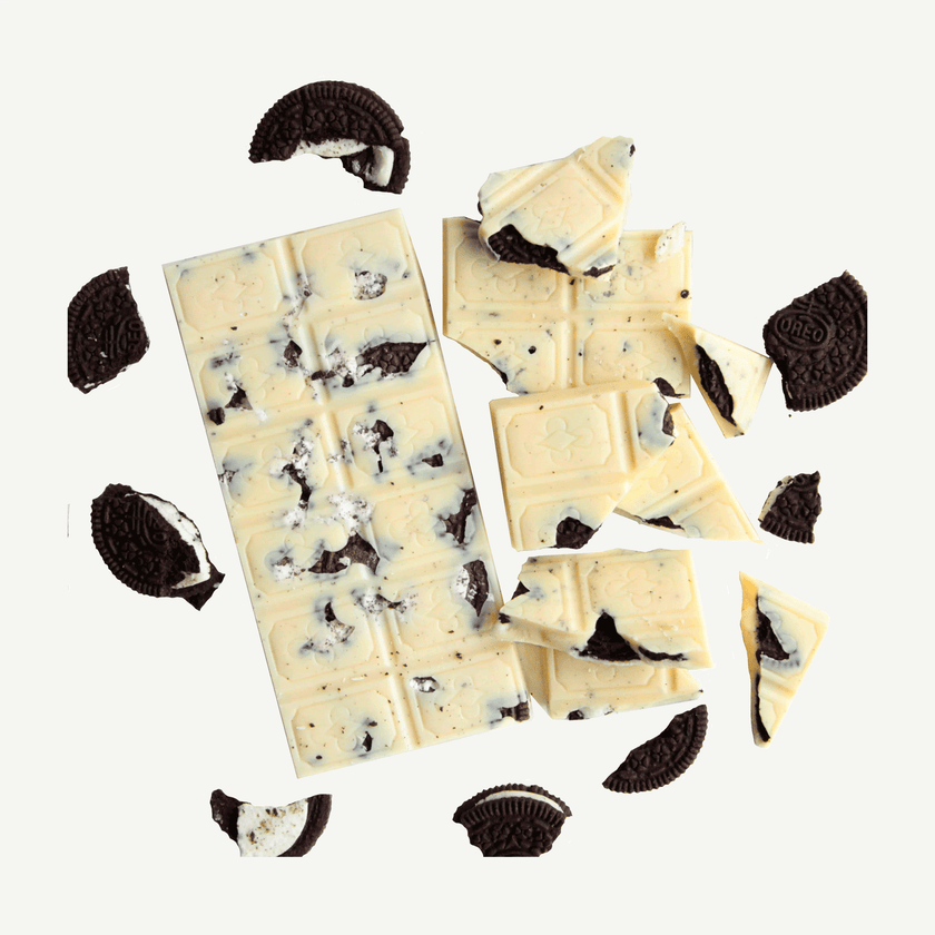 Premium white chocolate block with crunchy cookies and cream biscuit pieces – handmade in Geelong