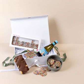 Hamper Gifts of handmade Belgian chocolate “Thanks” word from hamper