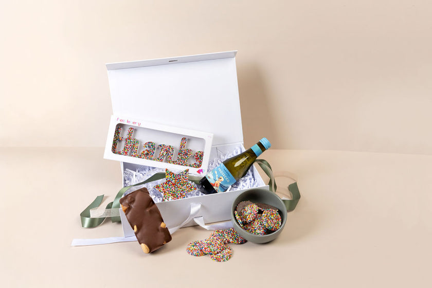 Hamper Gifts of handmade Belgian chocolate “Thanks” word from hamper