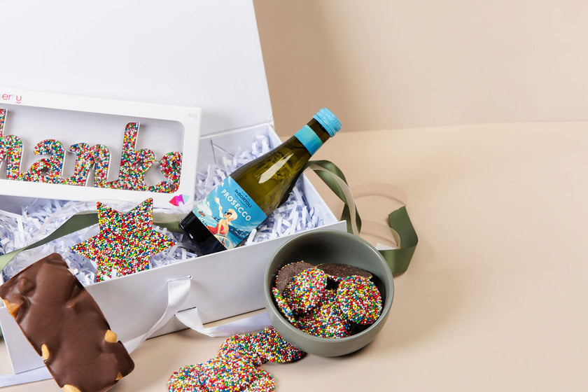 Thank You Hamper presented in elegant Saucie gift box with tissue and ribbon