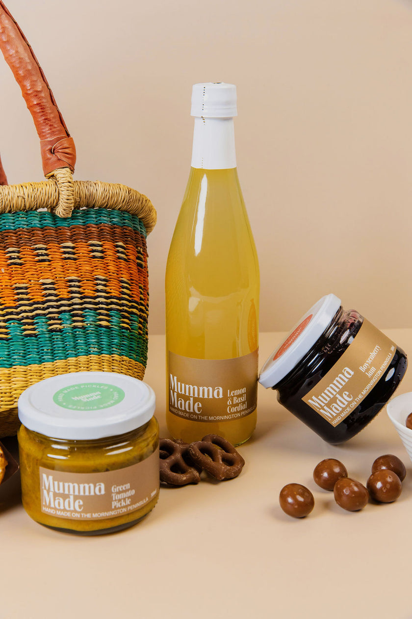 Hamper of chocolate, preserves, and cordial in premium gift box