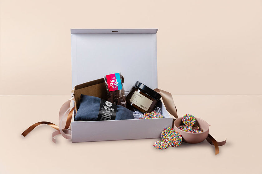 Care Hamper with linen wheat pillow, calming candle, Freckleberry freckles and hot chocolate pack – thoughtful get well gift