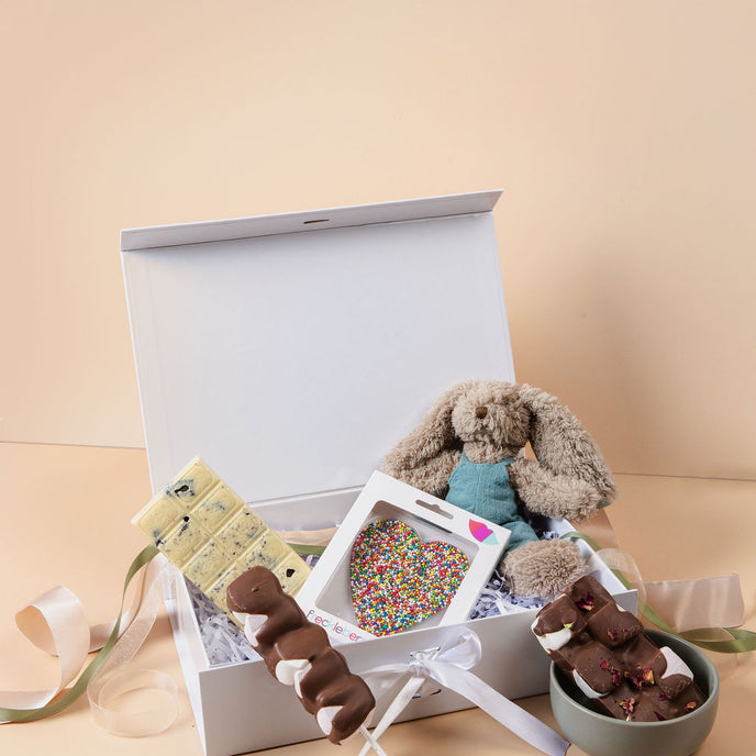 Handmade Freckleberry chocolates from New Baby Hamper – cookies and cream block, rocky road, freckles, heart chocolate and mallow pop