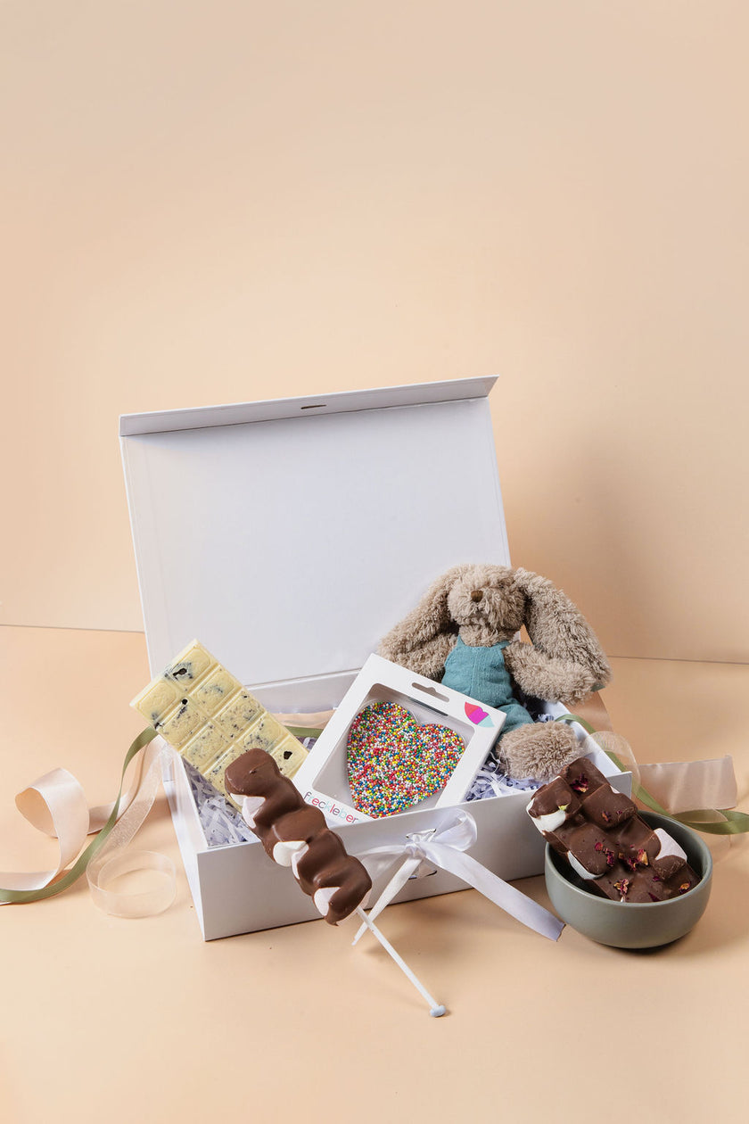 Handmade Freckleberry chocolates from New Baby Hamper – cookies and cream block, rocky road, freckles, heart chocolate and mallow pop