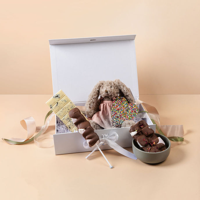 New Baby Hamper with plush bunny toy, chocolate block & rocky road