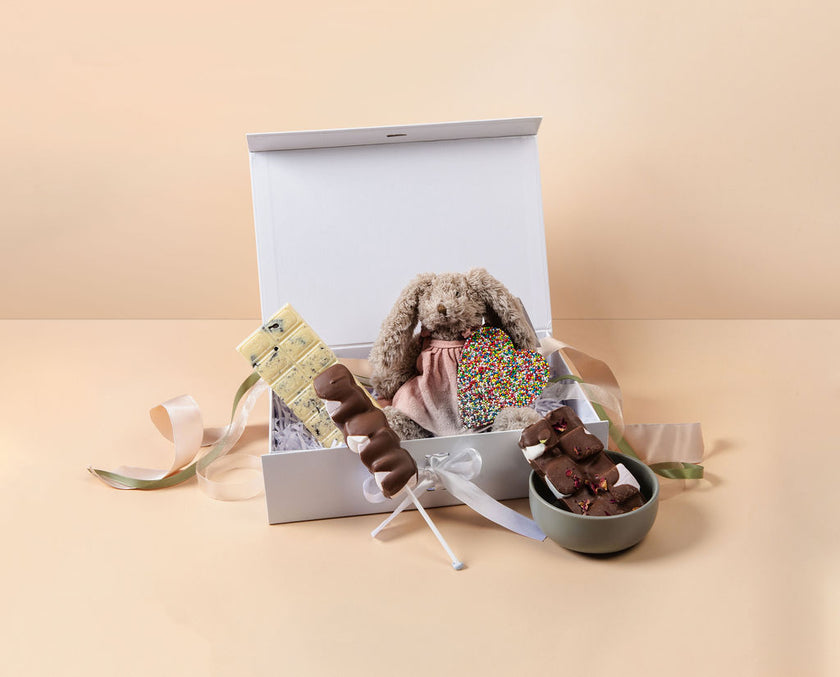 New Baby Hamper with plush bunny toy, chocolate block & rocky road