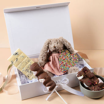 New Baby Hamper with plush toy, Freckleberry chocolates, rocky road, freckles and gift box – perfect baby shower gift