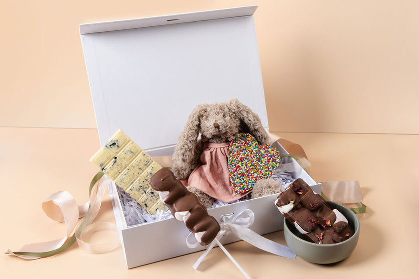 New Baby Hamper with plush toy, Freckleberry chocolates, rocky road, freckles and gift box – perfect baby shower gift