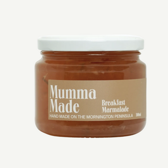 Jar of 'Mumma Made' breakfast marmalade on a white background