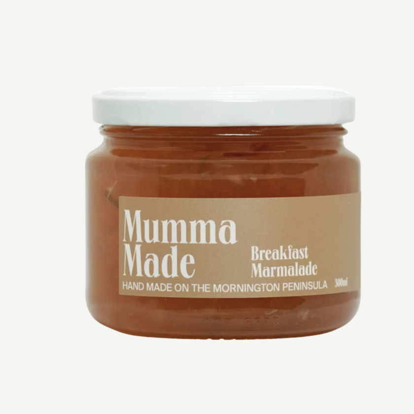 Jar of 'Mumma Made' breakfast marmalade on a white background