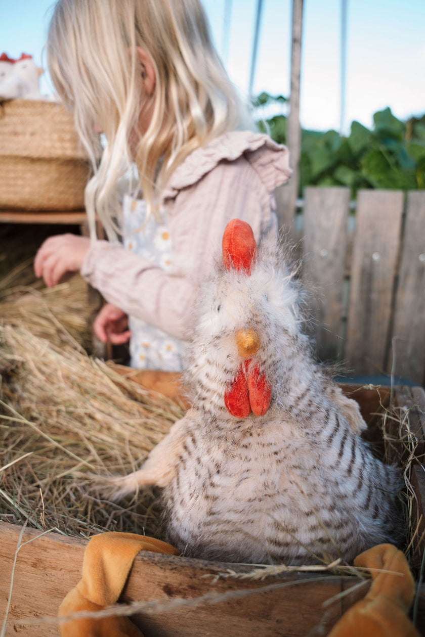 Child playing with a plush chicken toy in a barn setting