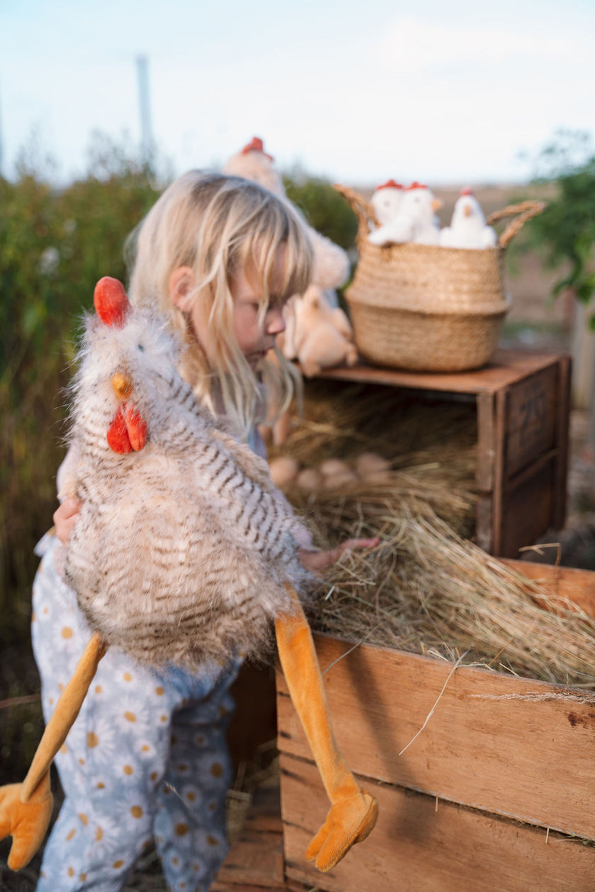 Child playing with a toy chicken in an outdoor setting