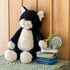 Black and white cat-shaped plush toy on a green crate with a wooden background