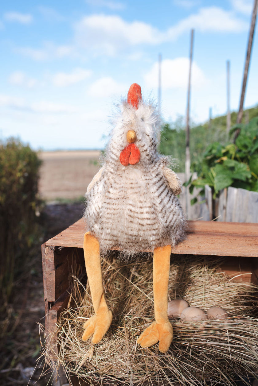Plush toy chicken on a wooden platform with a garden background