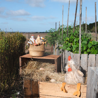 Outdoor scene with a wooden crate, straw, and decorative chicken figure in a garden setting. Soft plush toys farm animals