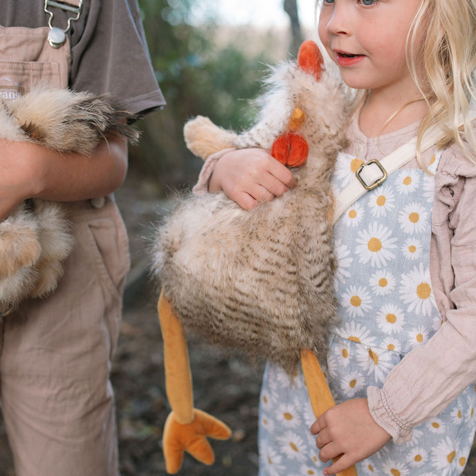 Child holding a fluffy toy with long legs outdoors. Soft chickens toy plush newborns toys