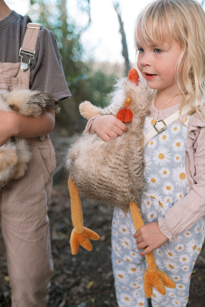 Child holding a fluffy toy with long legs outdoors. Soft chickens toy plush newborns toys