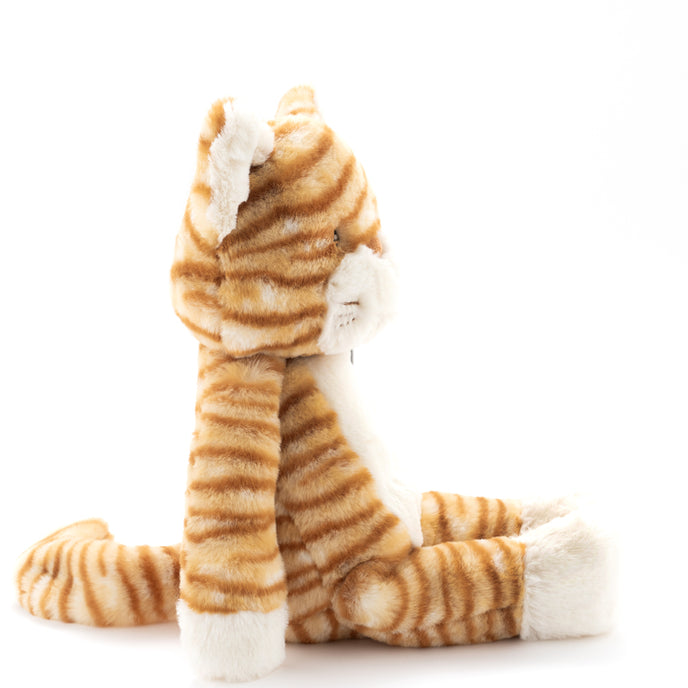 Plush toy cat with orange and white stripes on a white background
