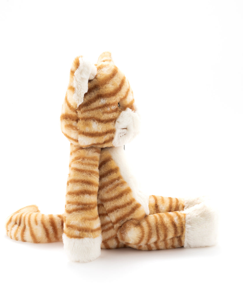 Plush toy cat with orange and white stripes on a white background