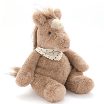 Plush horse toy with a bandana on a white background