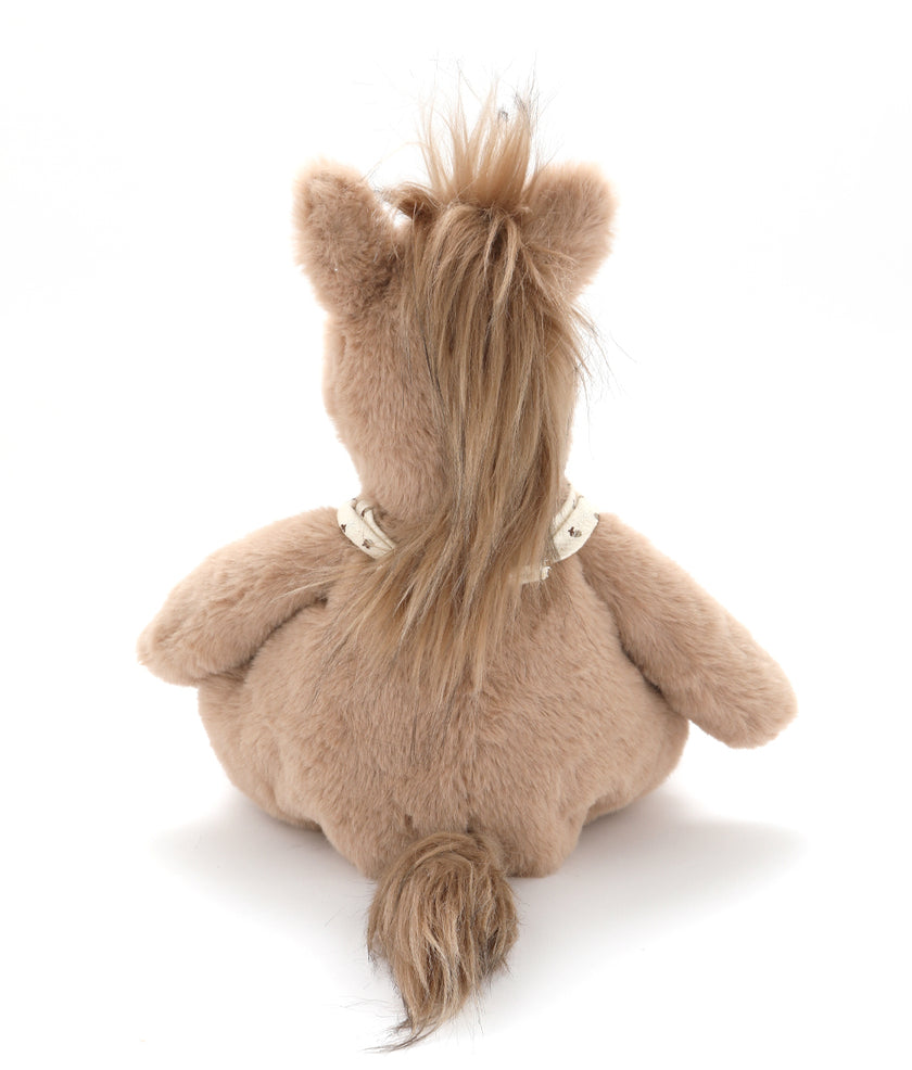 Plush horse toy with a braided mane on a white background