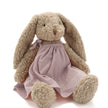 Plush bunny toy with a pink dress on a white background. Perfect for newborns or kids. Soft and cuddly
