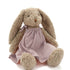 Plush bunny toy with a pink dress on a white background. Perfect for newborns or kids. Soft and cuddly