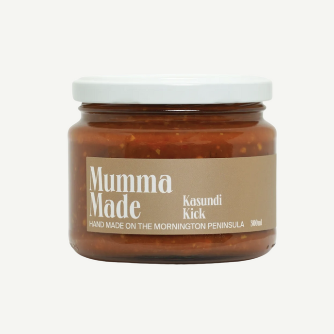 Jar of 'Mumma Made' Kasundi Kick on a white background