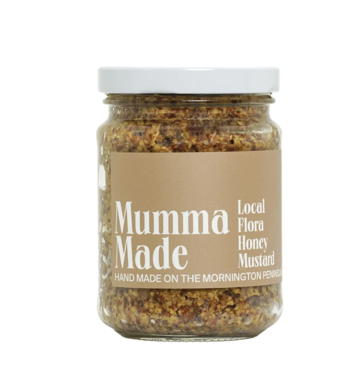 Jar of 'Mumma Made' Local Flora Honey Mustard on a white background
