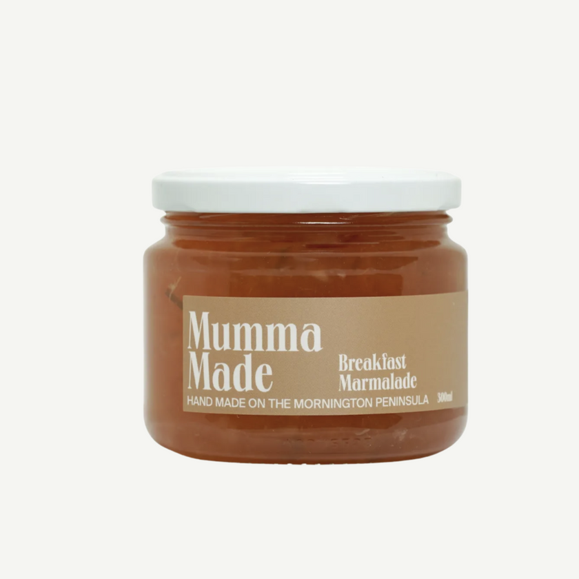 Jar of 'Mumma Made' breakfast marmalade on a white background