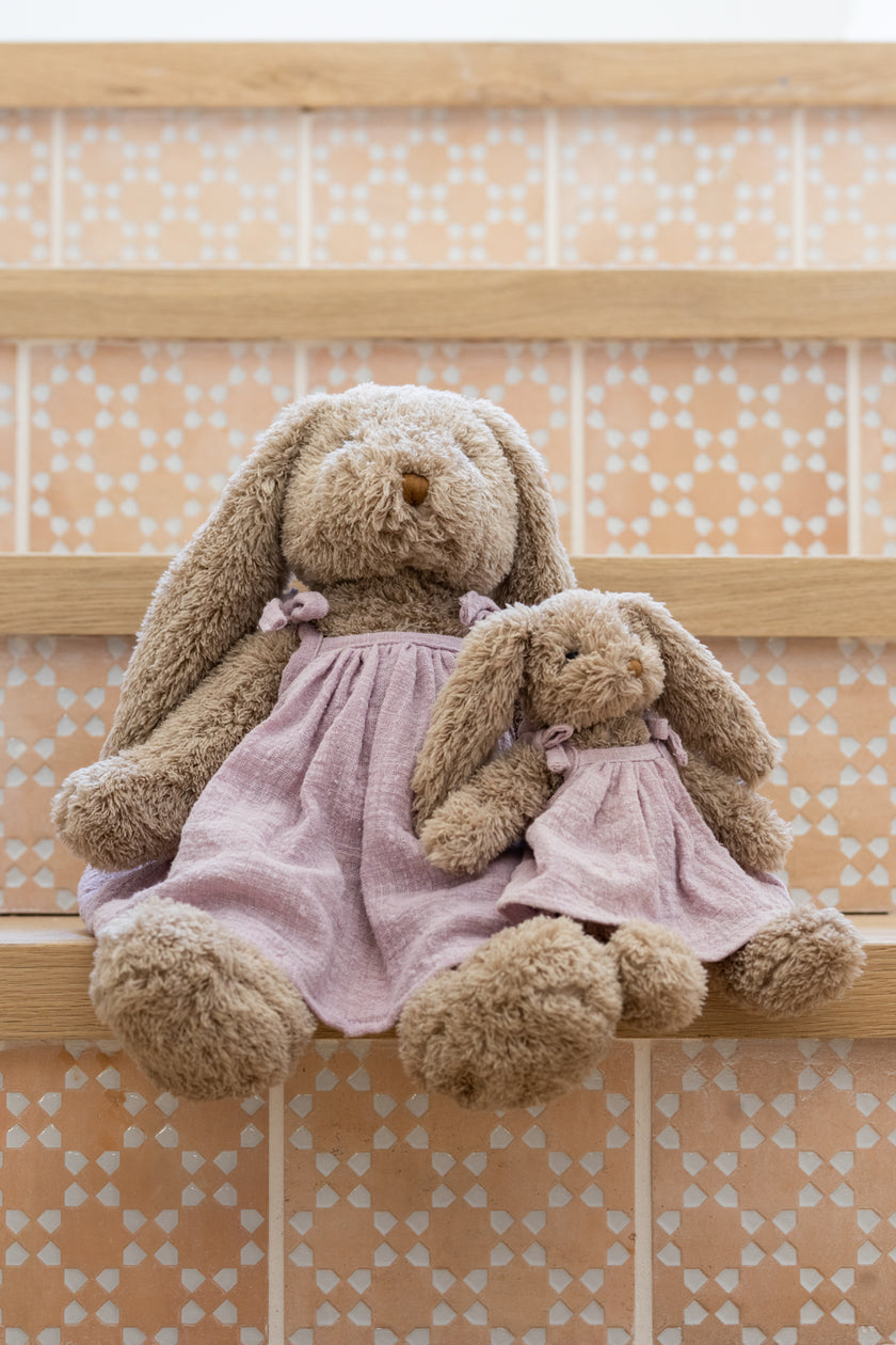 Two teddy bunny in pink purple dresses sitting on a wooden surface with a patterned background. Soft cuddly bunny for newborns or kids to cuddle and treasure. 