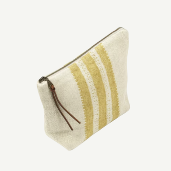 Small pouch with beige stripes and a brown zipper on a white background