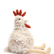 Plush toy chicken with a white body, red comb, and feet on a white background