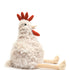 Plush toy chicken with a white body, red comb, and feet on a white background