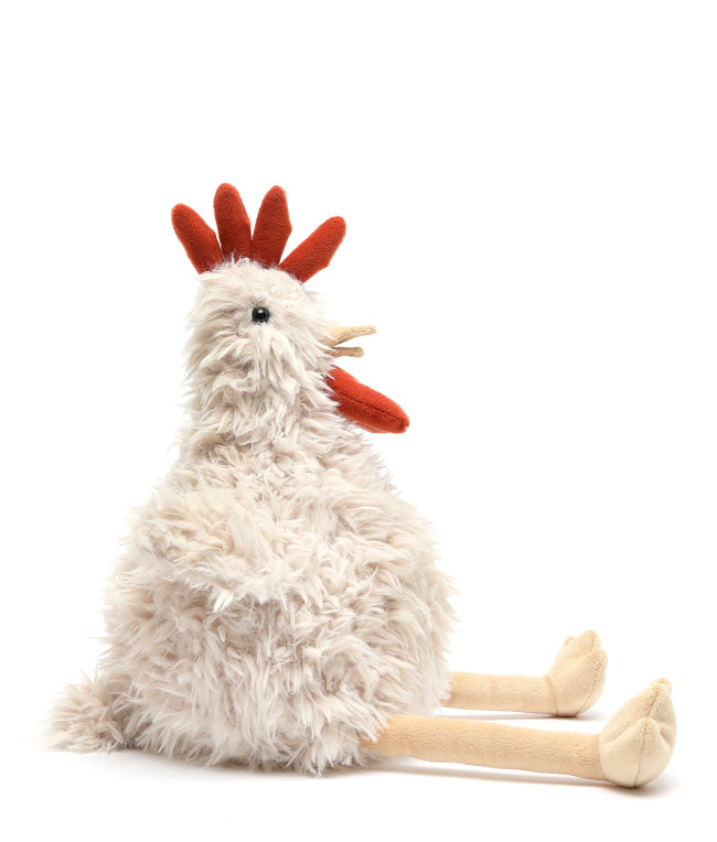 Plush toy chicken with a white body, red comb, and feet on a white background