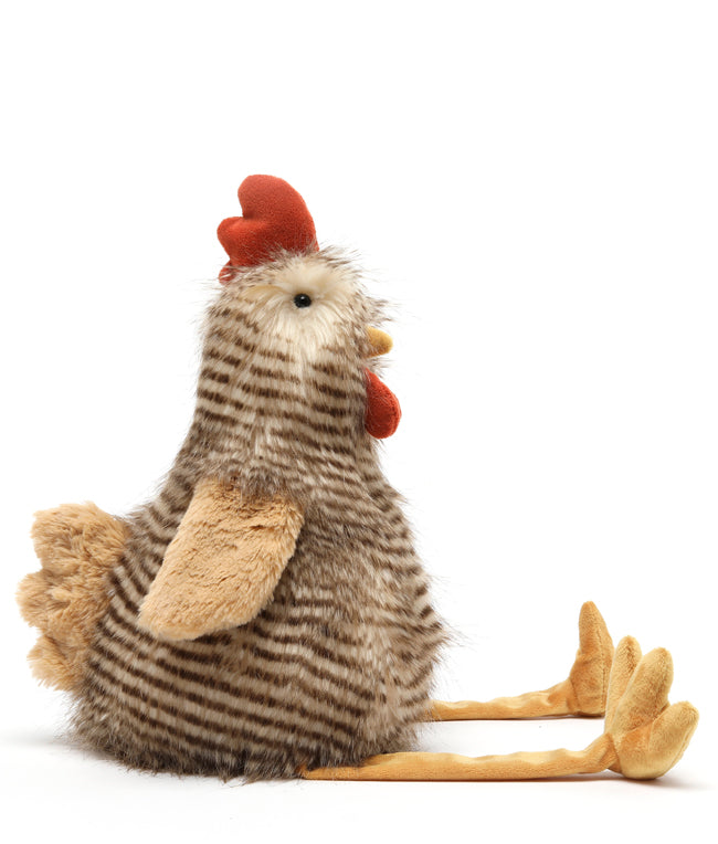 Plush toy rooster with brown and beige feathers on a white background